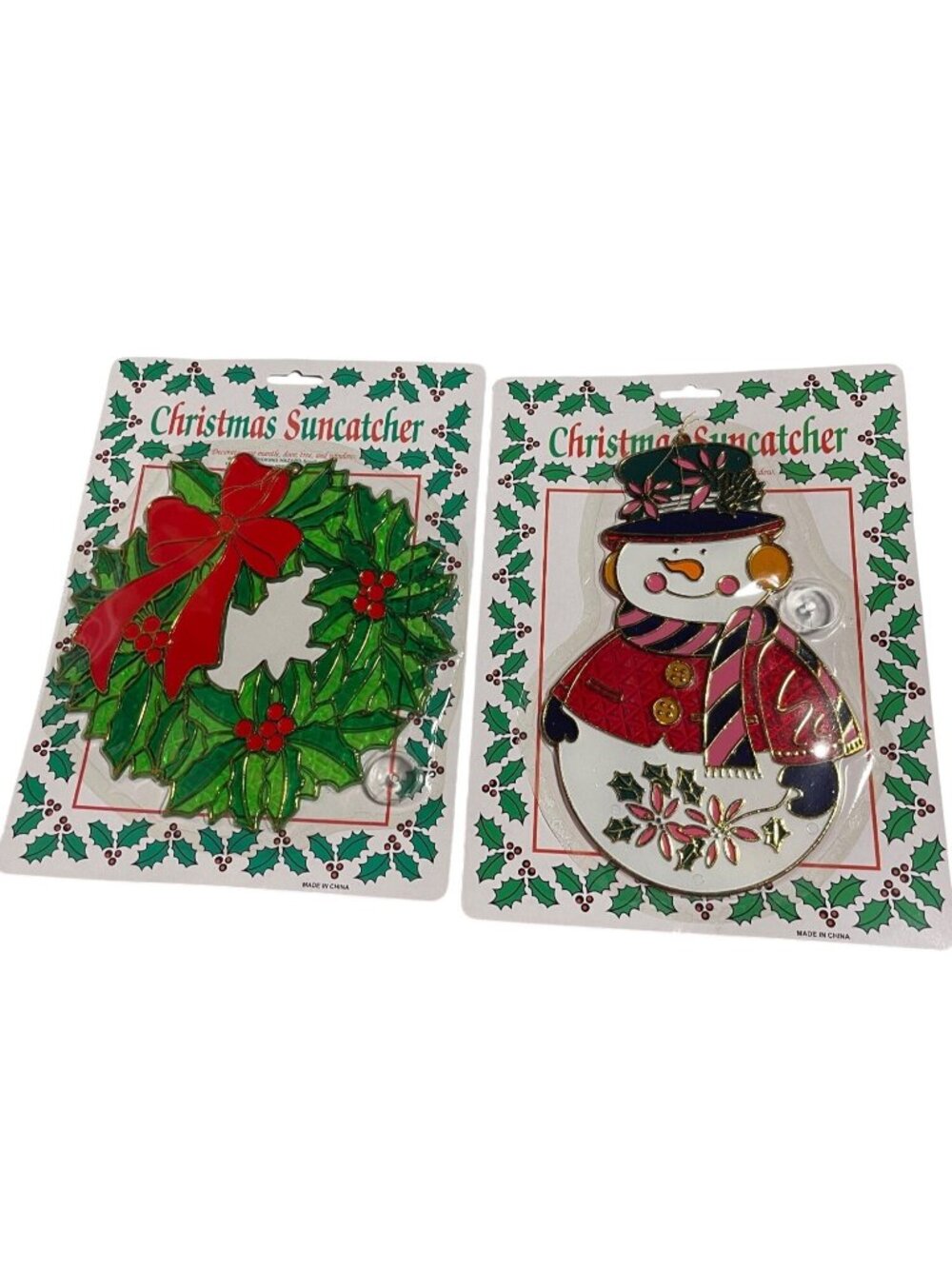 Amglo Christmas Suncatcher Set Wreath & Snowman Holiday Window Hang Decor VTG 90